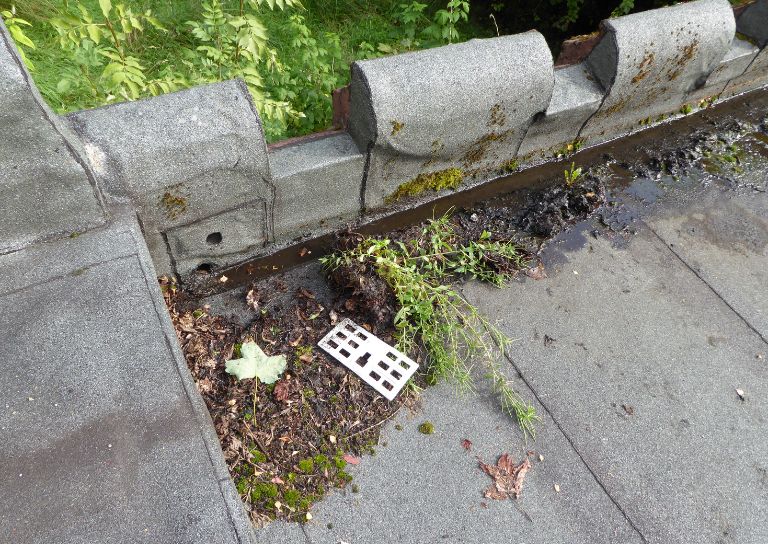 Flat Bitumen roof with debris